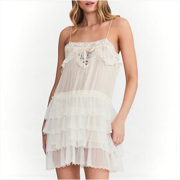 LoveShackFancy NWT Myrna Tiered Mini Antique Ivory Silk Slip Dress size Large - Picture 2 of 15